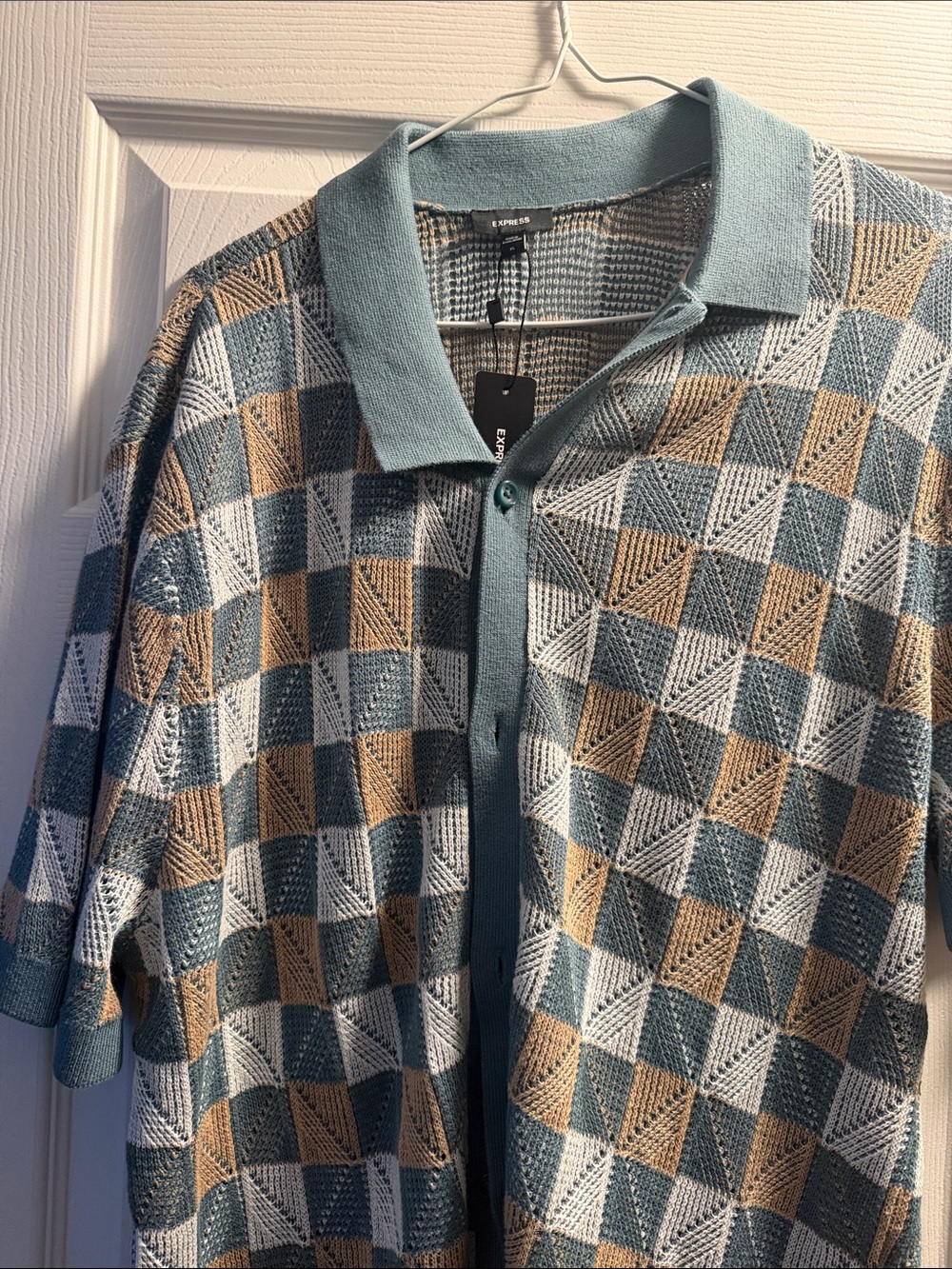 Express Geometric Cardigan - Teal and Tan